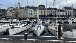 Uma marina com vários barcos atracados, um calçadão e edifícios ao fundo.