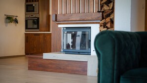 A modern kitchen with built-in appliances, a stone fireplace, and a wooden floor. - Villa Brusiana With Covered Heated Pool (Gospic)