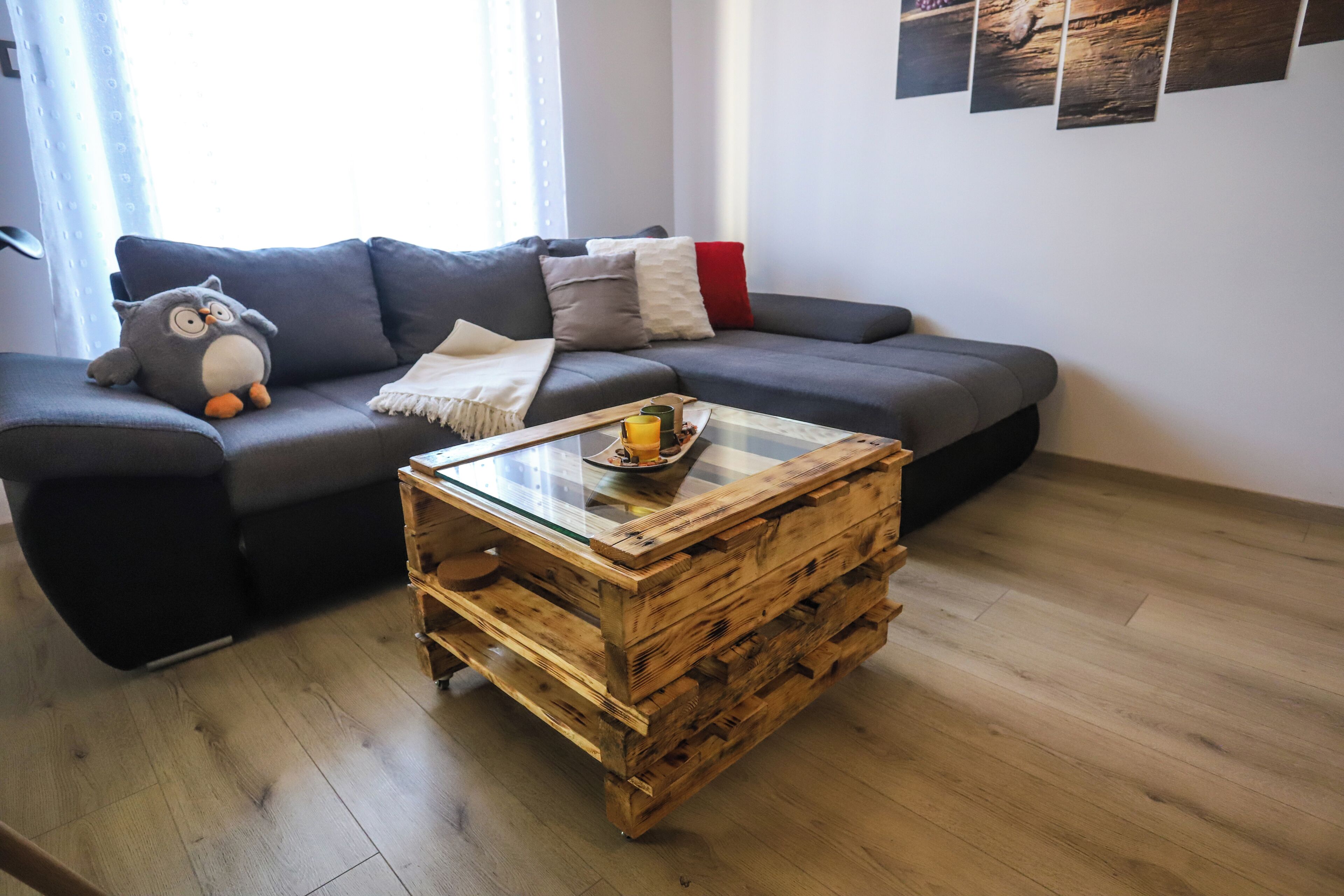 Een woonkamer met een grijze bank, een houten salontafel en een zacht, pluchen uiltje.