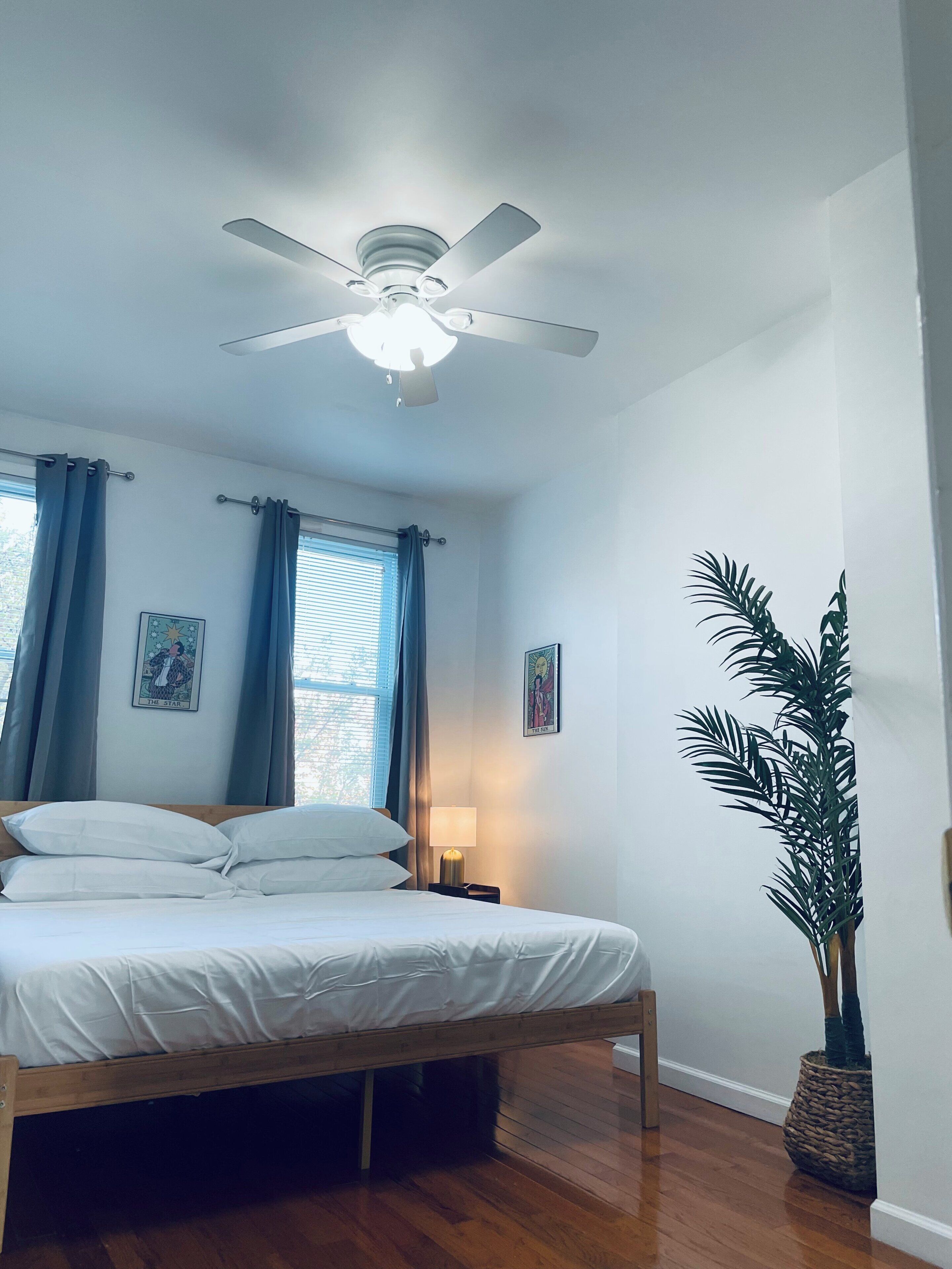 A bedroom with a bed, ceiling fan, curtains, wall art, and a potted plant.