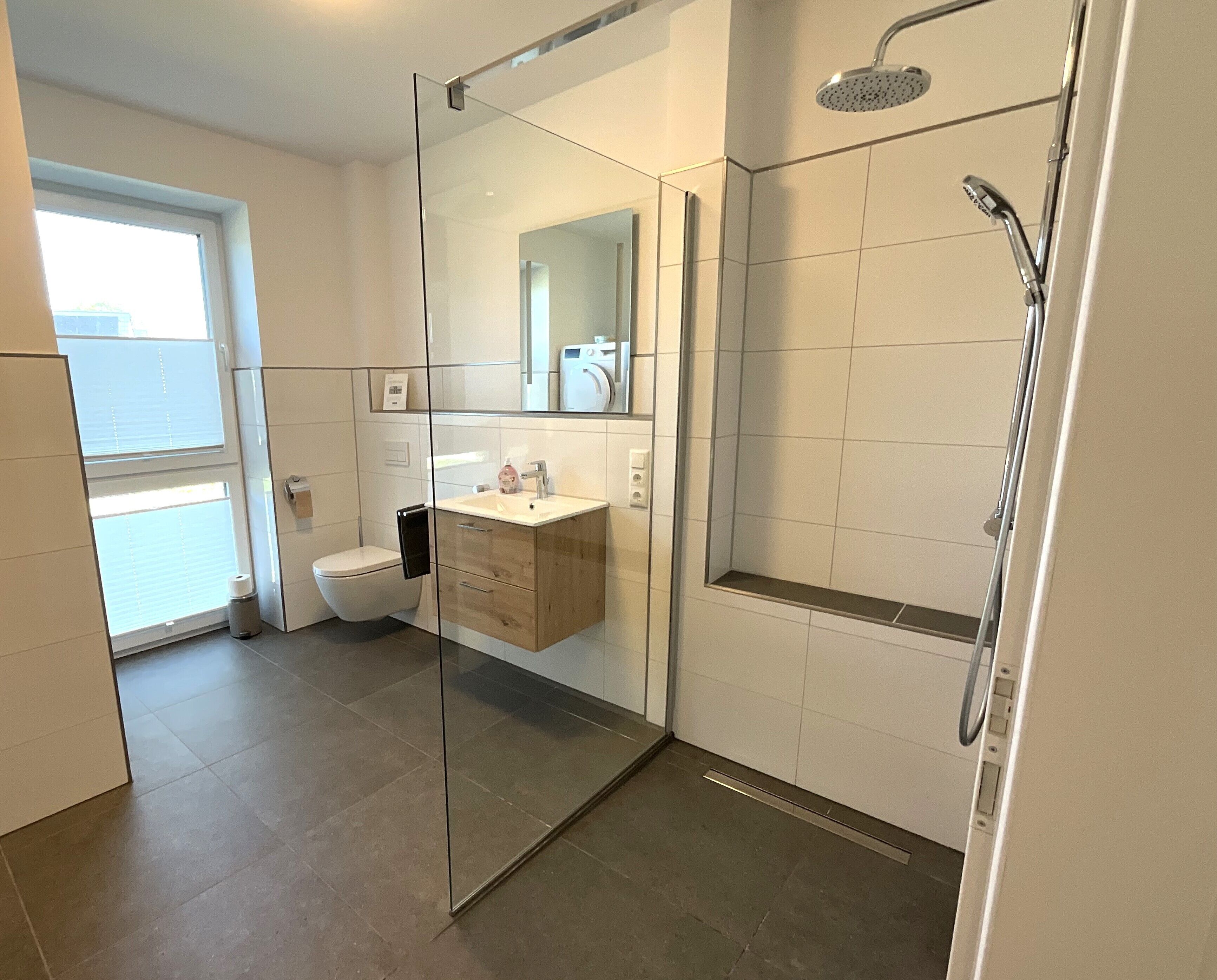 A modern bathroom with a glass shower enclosure, a toilet, and a sink with a mirror above it.