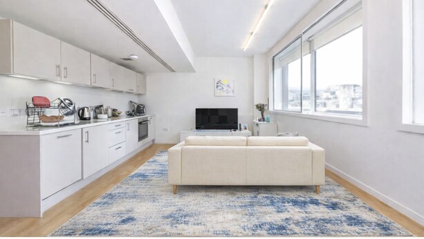 Een modern appartement met keuken, woonruimte en grote ramen.