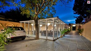 Un espacio de estar al aire libre cubierto, con un coche aparcado cerca, rodeado de plantas en macetas y un árbol.