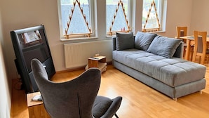 A modern living room with a grey sofa, a wooden chair, and a TV on a stand. There are windows with wooden frames and a radiator below. - Holiday Apartment De Gruusse (Mildenau)