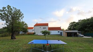 A ping pong table in a grassy area with a white building and a tree in the background. - Tinj Rustic Holiday Home for 8 (Benkovac)