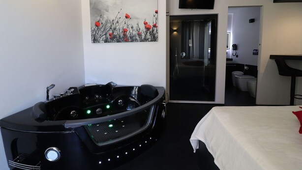 A modern hotel room with a large black jacuzzi, a painting of red flowers on the wall, a TV, and a separate bathroom. - Vacation Home in Otranto with 1 bedrooms sleeps 2 (Otranto)