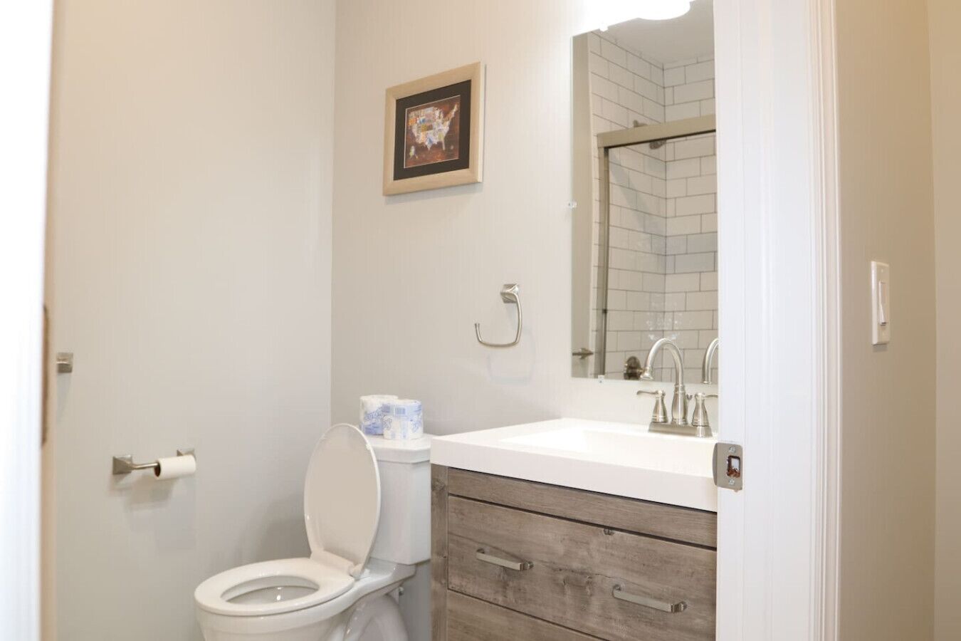 Hair dryer, towels, soap, toilet paper