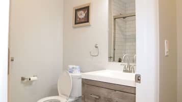 Hair dryer, towels, soap, toilet paper