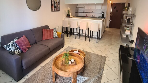A modern living room with a sofa, coffee table, and TV. A kitchen is visible in the background. - Large Studio very well located! 100m tramway, 5 minutes downtown, 10min beach! (Nice)