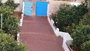 Un sendero pavimentado que conduce a una puerta azul, rodeado de follaje y palmeras.