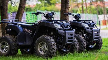 Three ATVs parked in a grassy area with trees in the background.