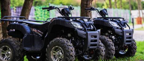 Three ATVs parked in a grassy area with trees in the background.