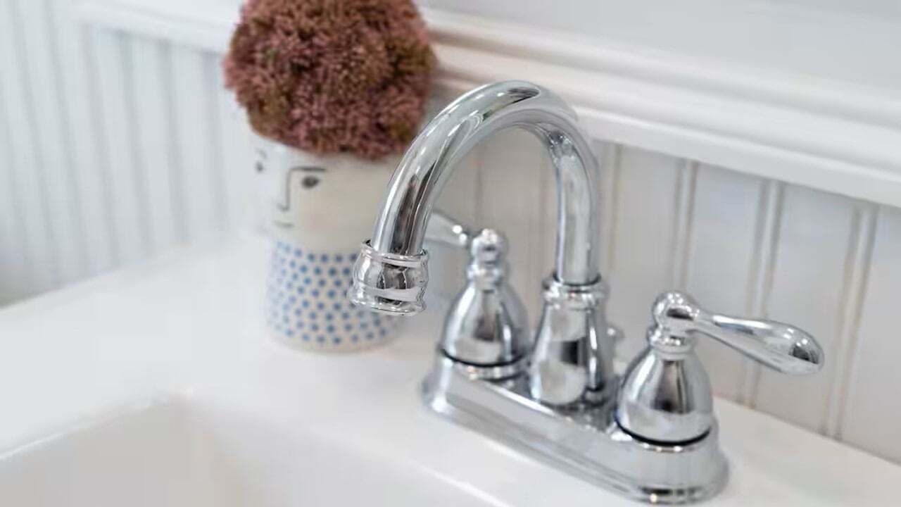 A bathroom sink with a chrome faucet and a decorative item in the background.