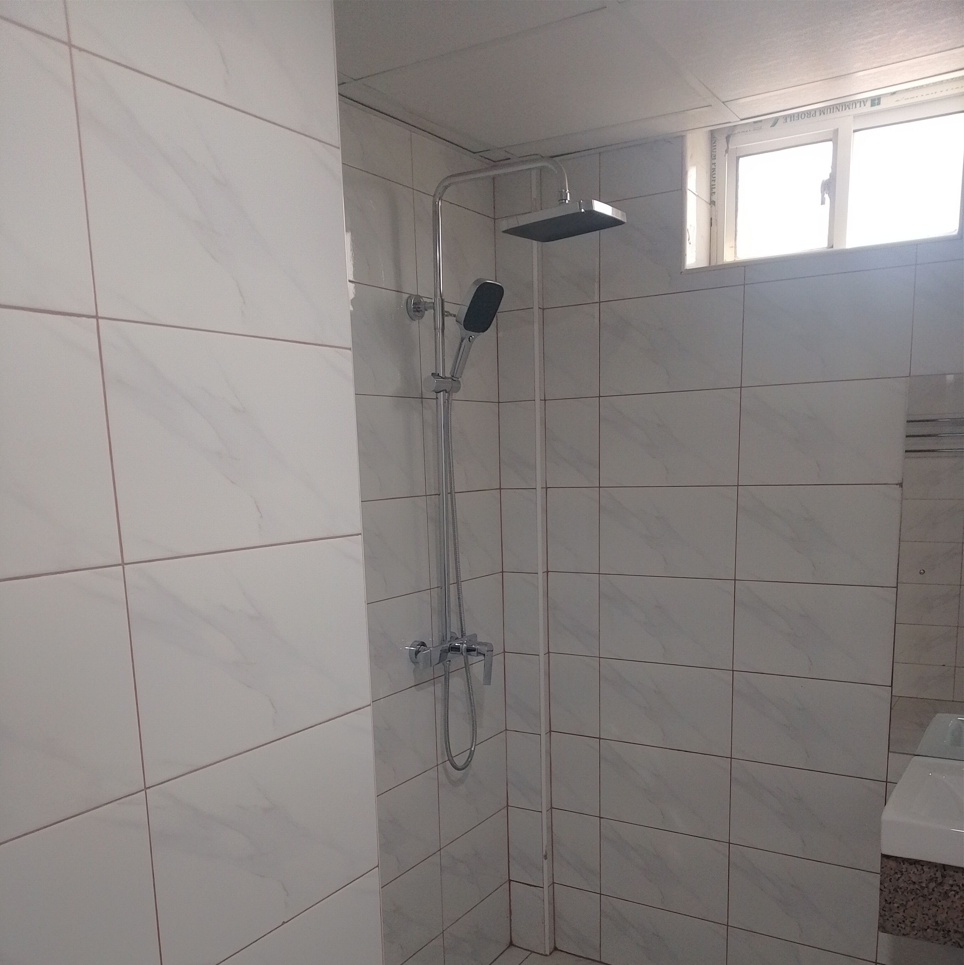 A shower with a handheld showerhead and a wall-mounted faucet.