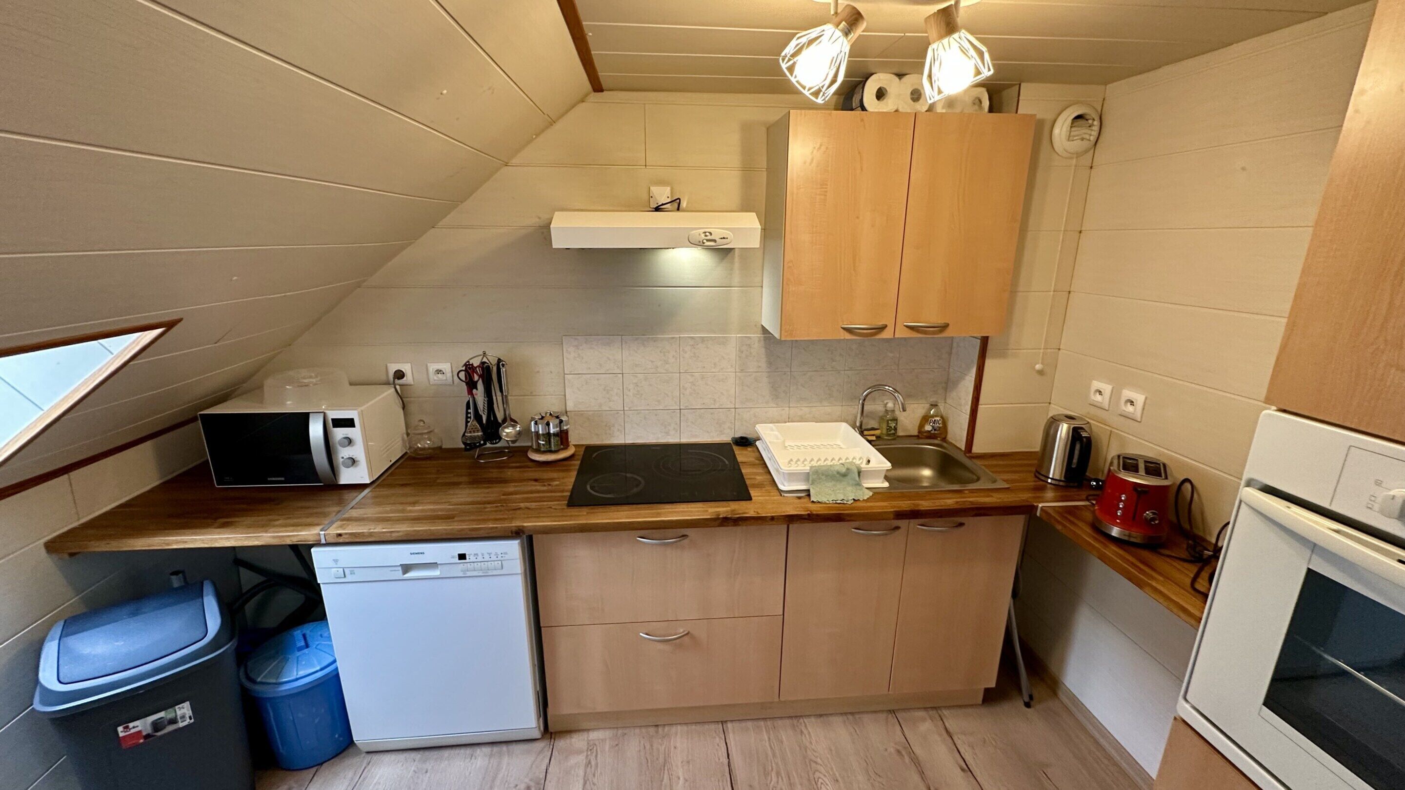 Cocina compacta equipada con microondas, tostadora, lavavajillas pequeño y pileta.
