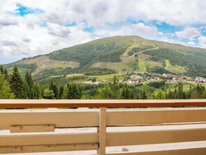 Un paysage de montagne avec une ville en contrebas.