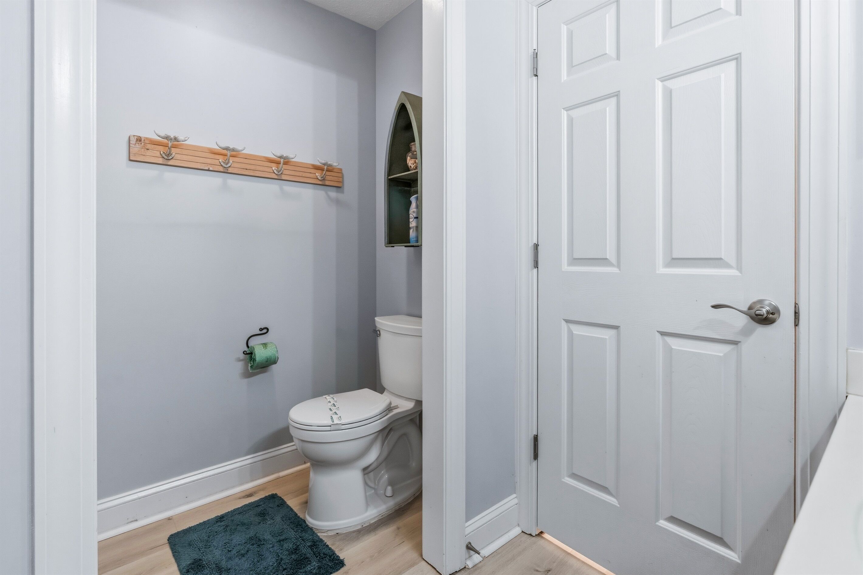 A bathroom with a toilet, a shelf with hooks, a green towel, and a white door.