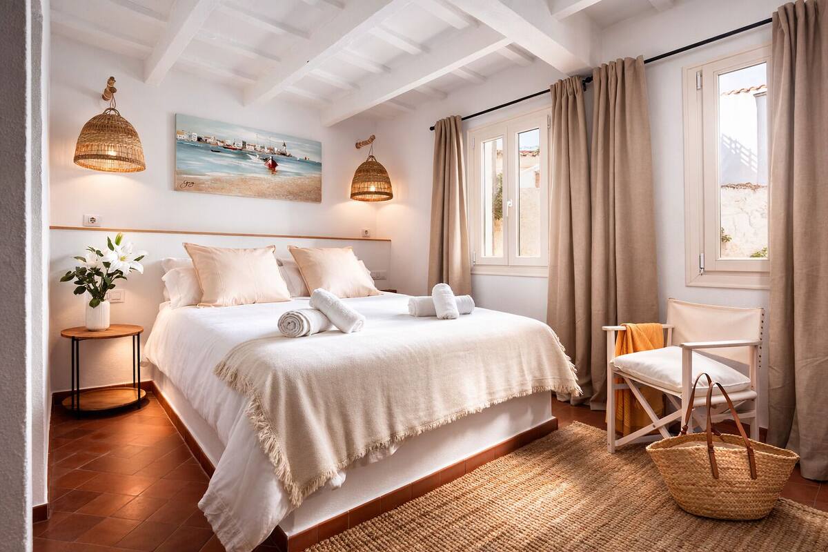 Une chambre à coucher avec un lit, des tables de chevet, une chaise et une fenêtre avec des rideaux.
