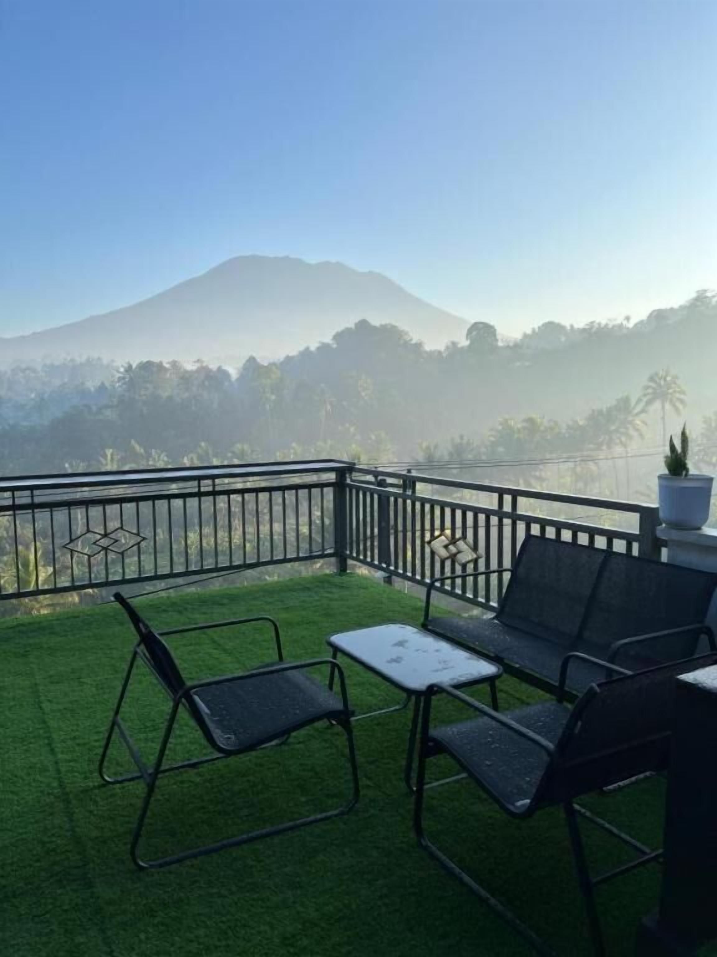 A balcony with a view of a mountain, a potted plant, and outdoor furniture.