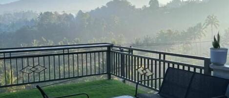 A balcony with a view of a mountain, a potted plant, and outdoor furniture.