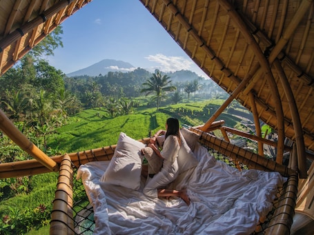 A hammock bed with a view of a lush green landscape and a mountain in the distance.. VELONIA ISEH