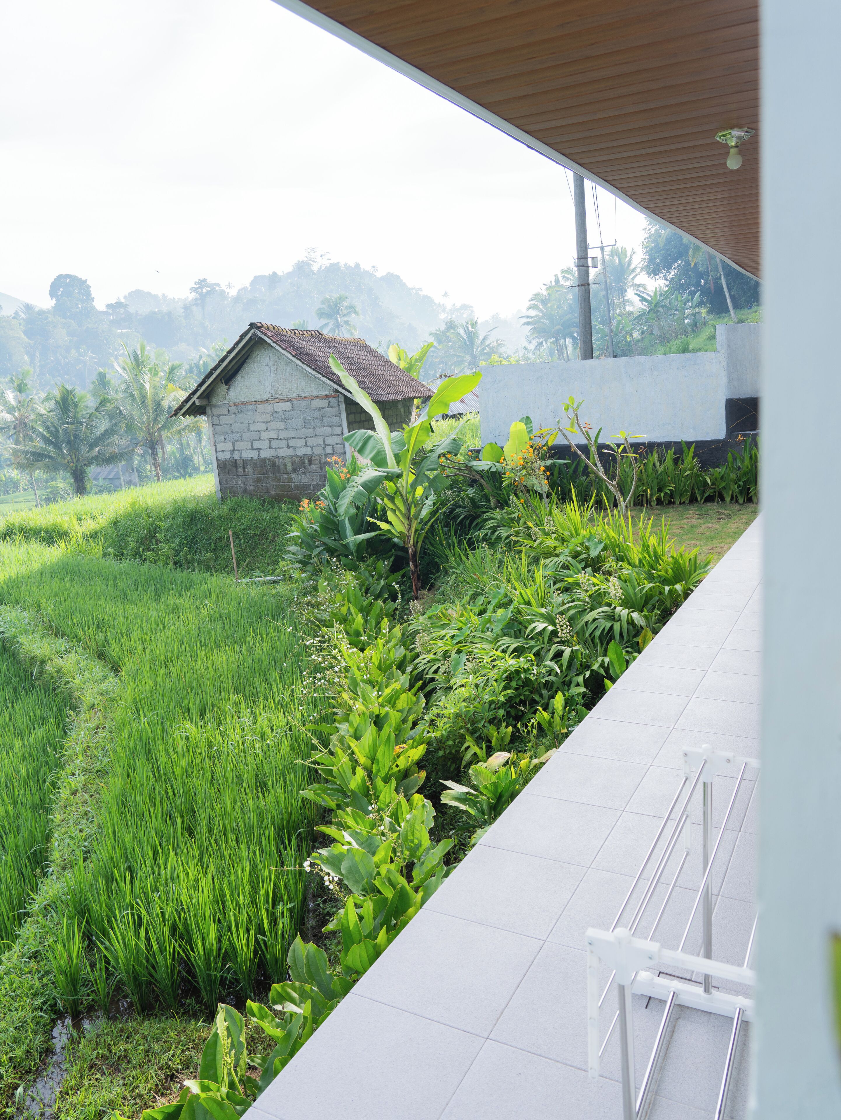 A modern building with a tiled floor, a small stone structure, and lush greenery in the background.