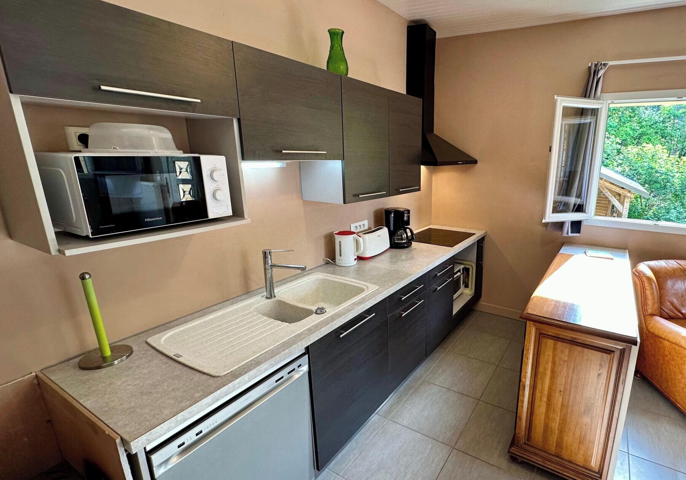 Cocina compacta con microondas, cafetera y ventana con vista a zonas verdes.