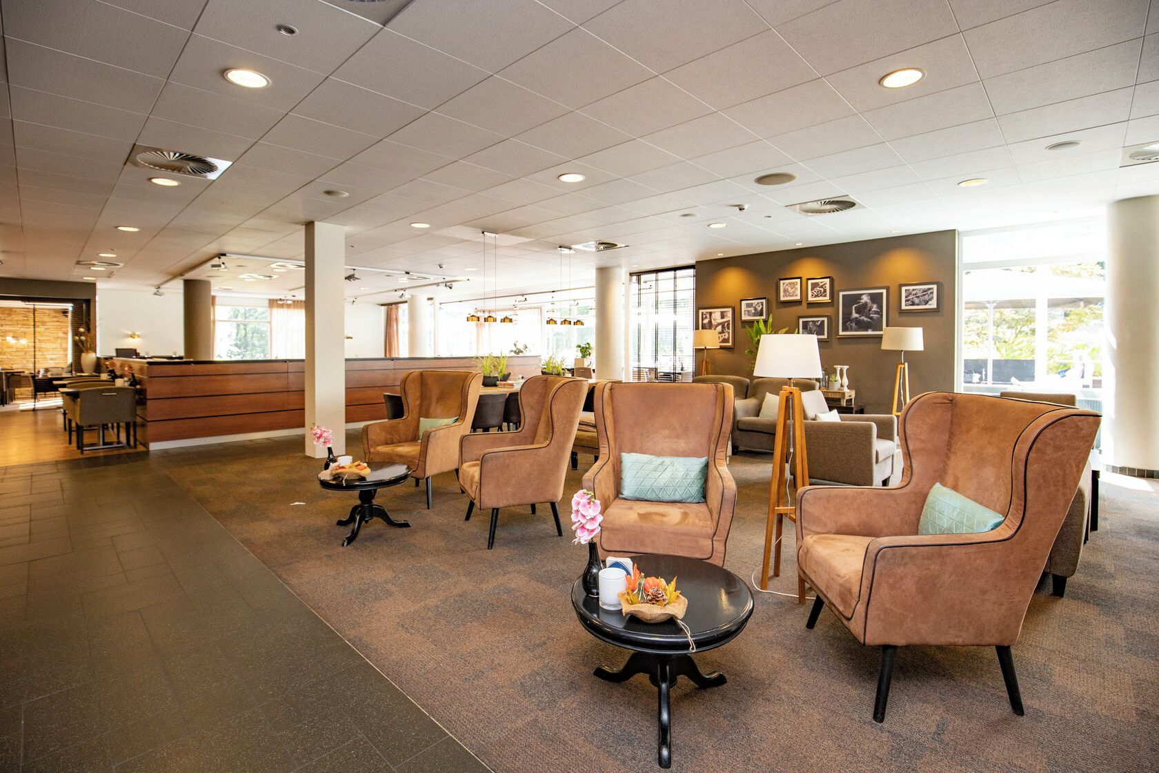 Sip coffee in bright seating areas with plenty of space.