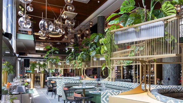 Een restaurant met zitplaatsen in niveaus, hangende bolvormige lampen en weelderige binnenplanten.