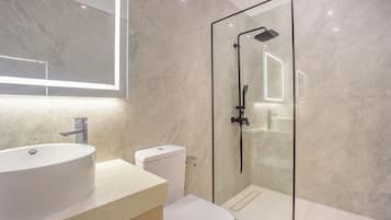 Un baño moderno con ducha envuelta en vidrio, un lavamanos blanco y un inodoro.