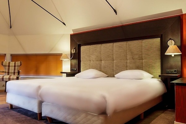 Unwind beneath soaring ceilings in a plush, serene bed.