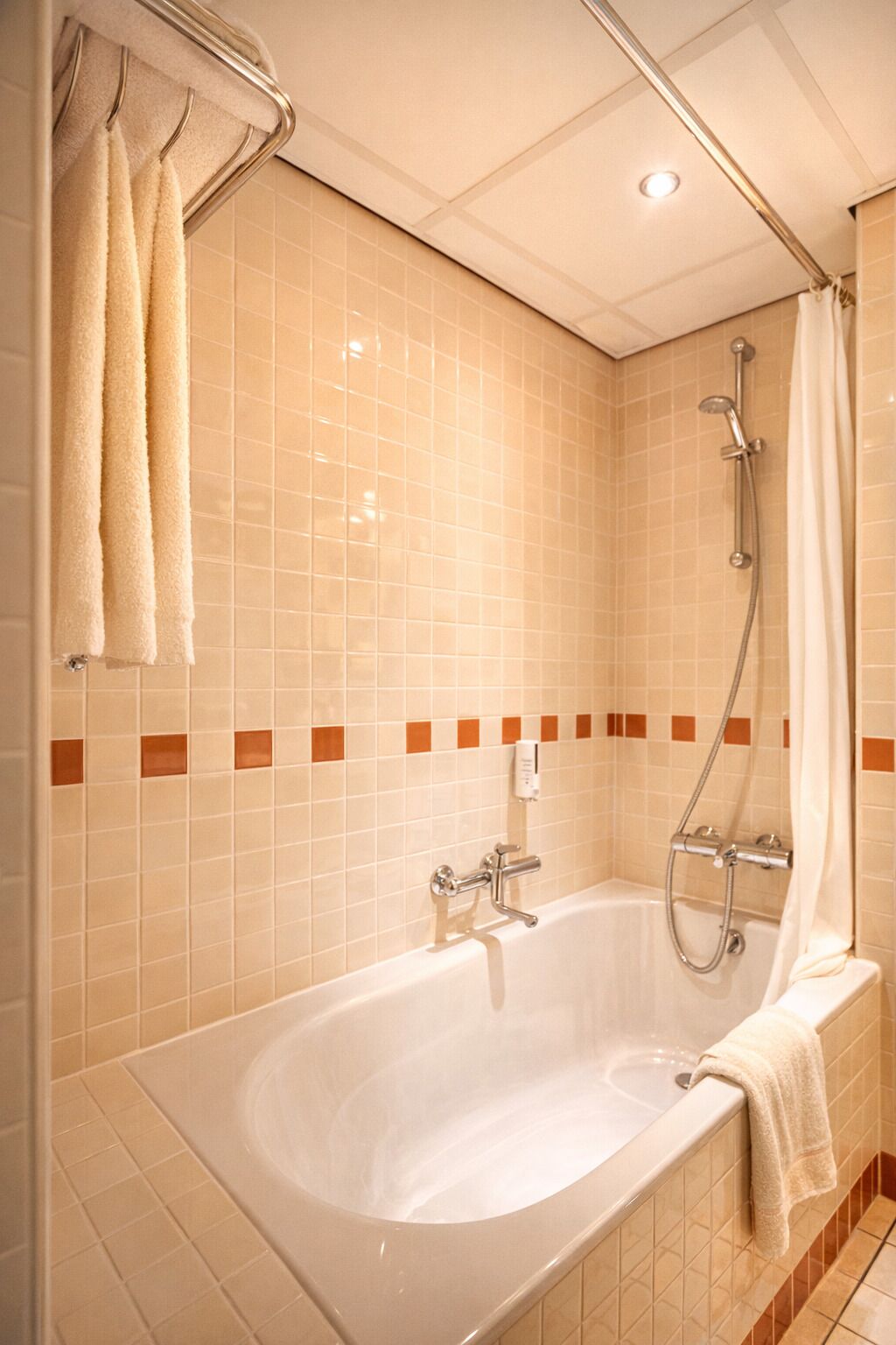 Un baño con bañera, ducha y perchero para toallas.