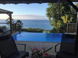 An infinity pool with a view of the ocean, surrounded by lush greenery and a wooden deck.