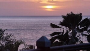 Een zonsondergang boven de oceaan met palmbomen op de voorgrond.