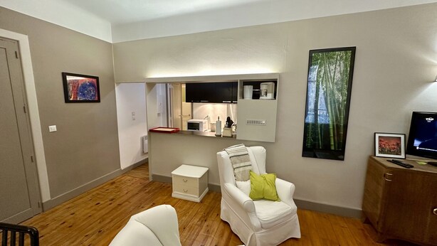 A compact living space with a kitchenette, a white armchair with a green pillow, a television, and a framed picture on the wall. - Nature Refuge Near the Trail (Mont-Dore)