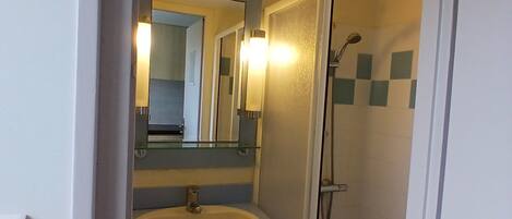 A bathroom with a sink, mirror, and shower.
