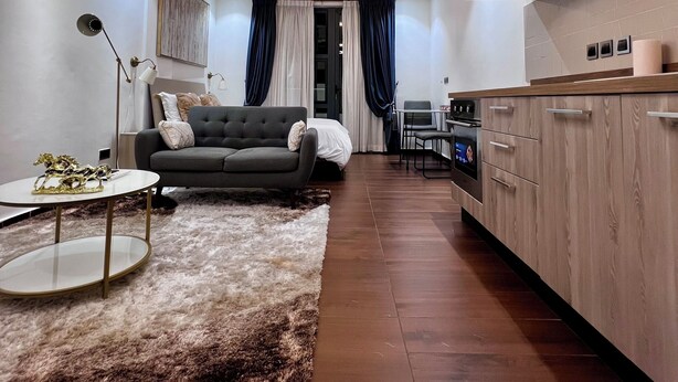 A modern kitchen with built-in appliances, a grey sofa, and a fluffy rug. - Luxury Studio Apartments in Accra  (Accra)