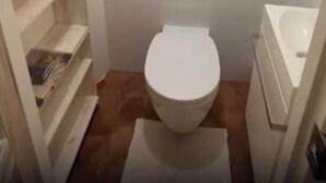 Un bany petit amb vàter, un lavabo i una estant amb llibres.
