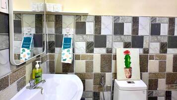 Douche, sèche-cheveux, bidet, serviettes fournies