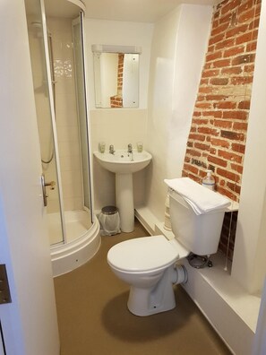 Une salle de bain avec douche, lavabo, toilettes et un mur d’accent en briques.