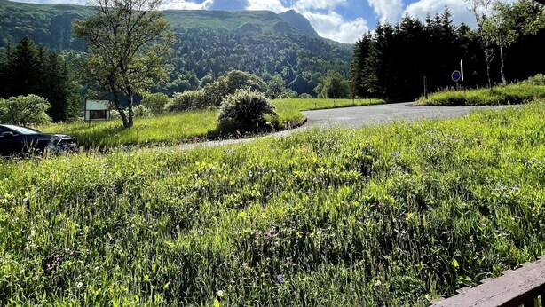A grassy field with a bench and a chair, a road, and a mountain in the background. - L\"ecrin D\"edern Degle Mont Dore deg Ski Degrandonnee deg (Mont-Dore)