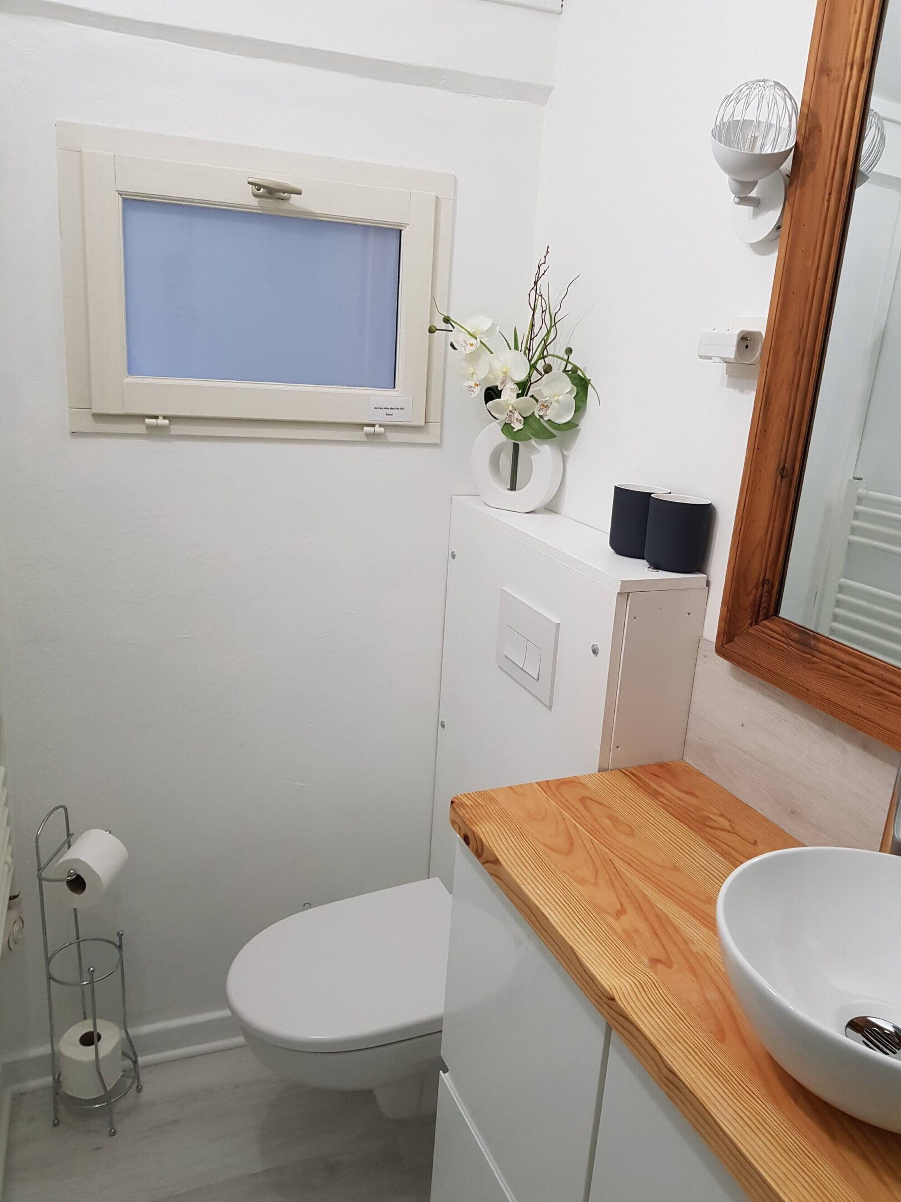 Ein kleines Badezimmer mit Toilette, einem Holzwaschtisch mit Waschbecken, einem Spiegel, einem Fenster und einer kleinen Vase mit Blumen.