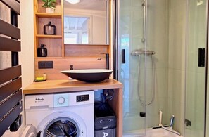 Hair dryer, towels, toilet paper