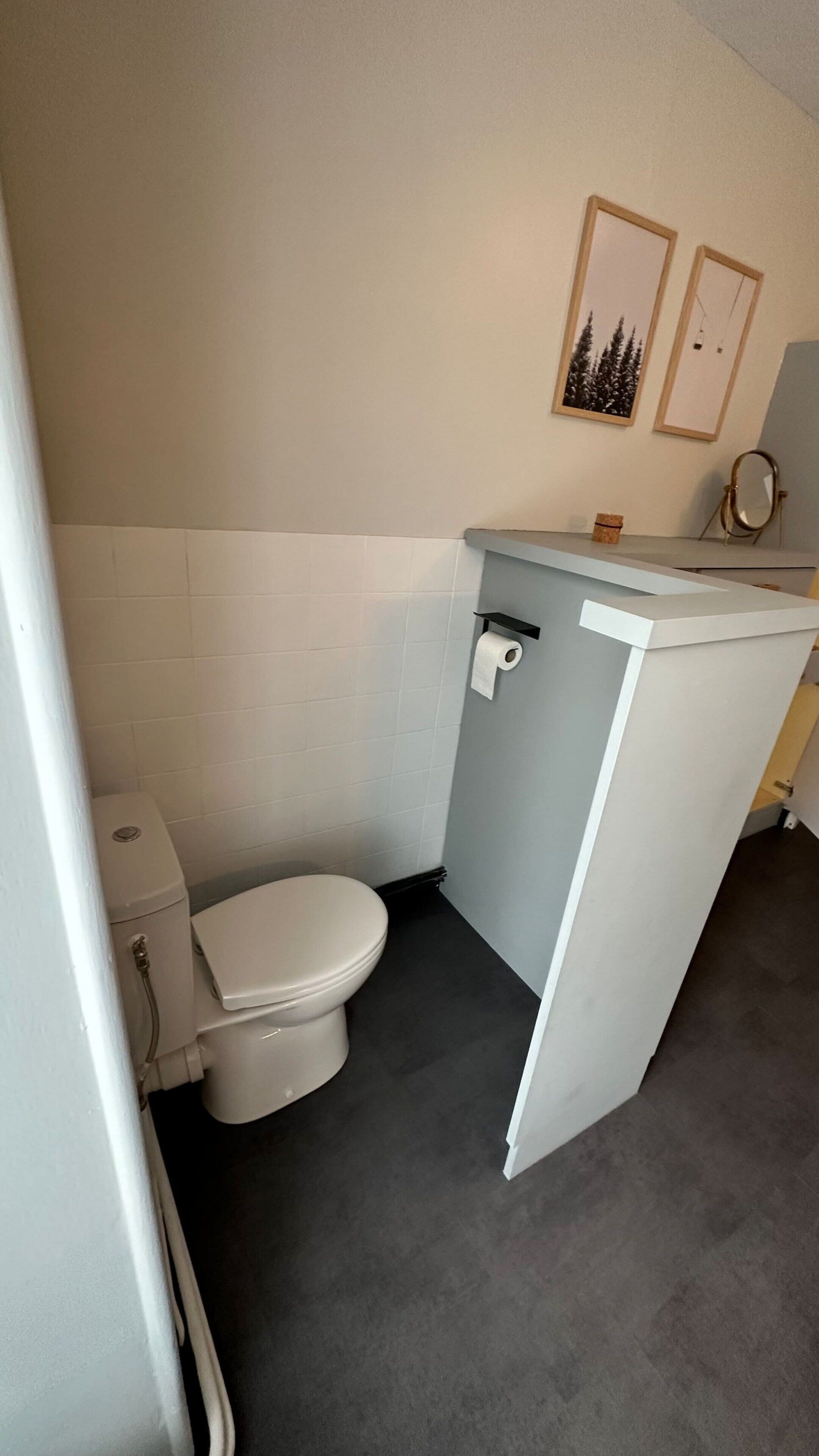 Un baño pequeño con inodoro, un lavamanos y un espejo.