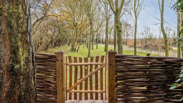 A rustic wooden gate leading into a wooded area with tall trees and a grassy path. - Orchard House 5 bedrooms - sleeps 10 guests  in 5 bedrooms (Burnham Market)