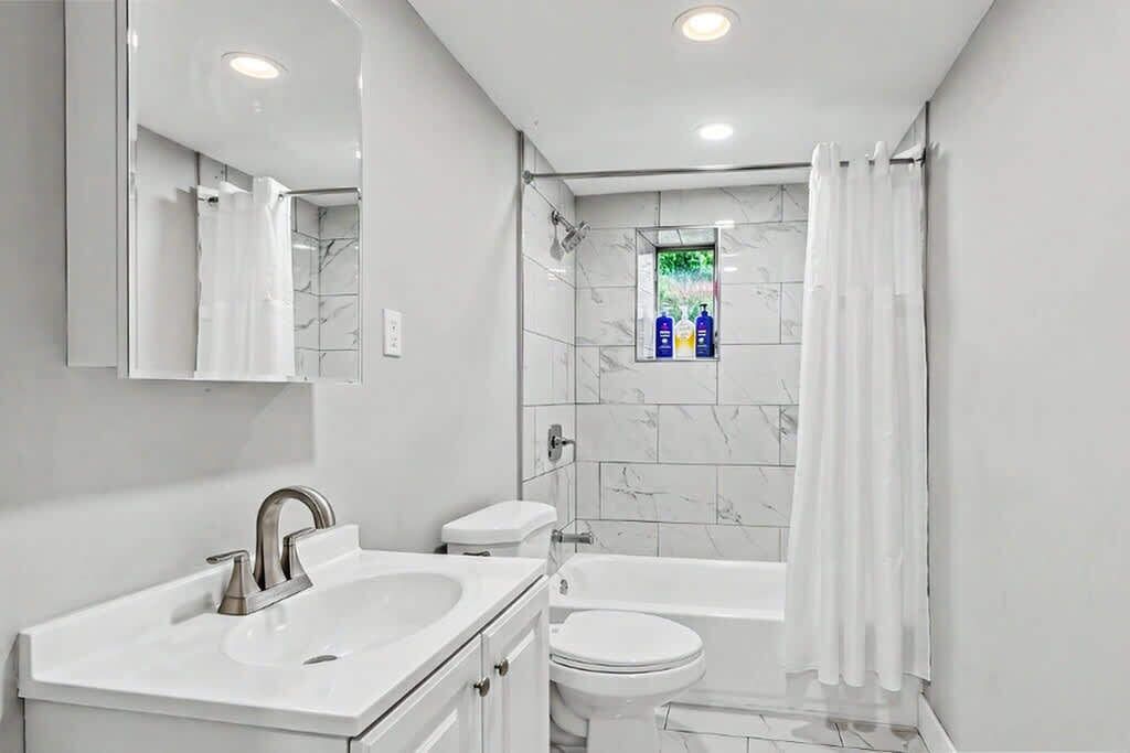 Shower, hair dryer, shampoo
