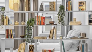 Una estantería moderna y ordenada con varios libros, objetos decorativos y una planta colgante.