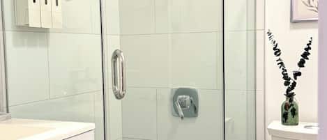 Hair dryer, towels, soap, toilet paper