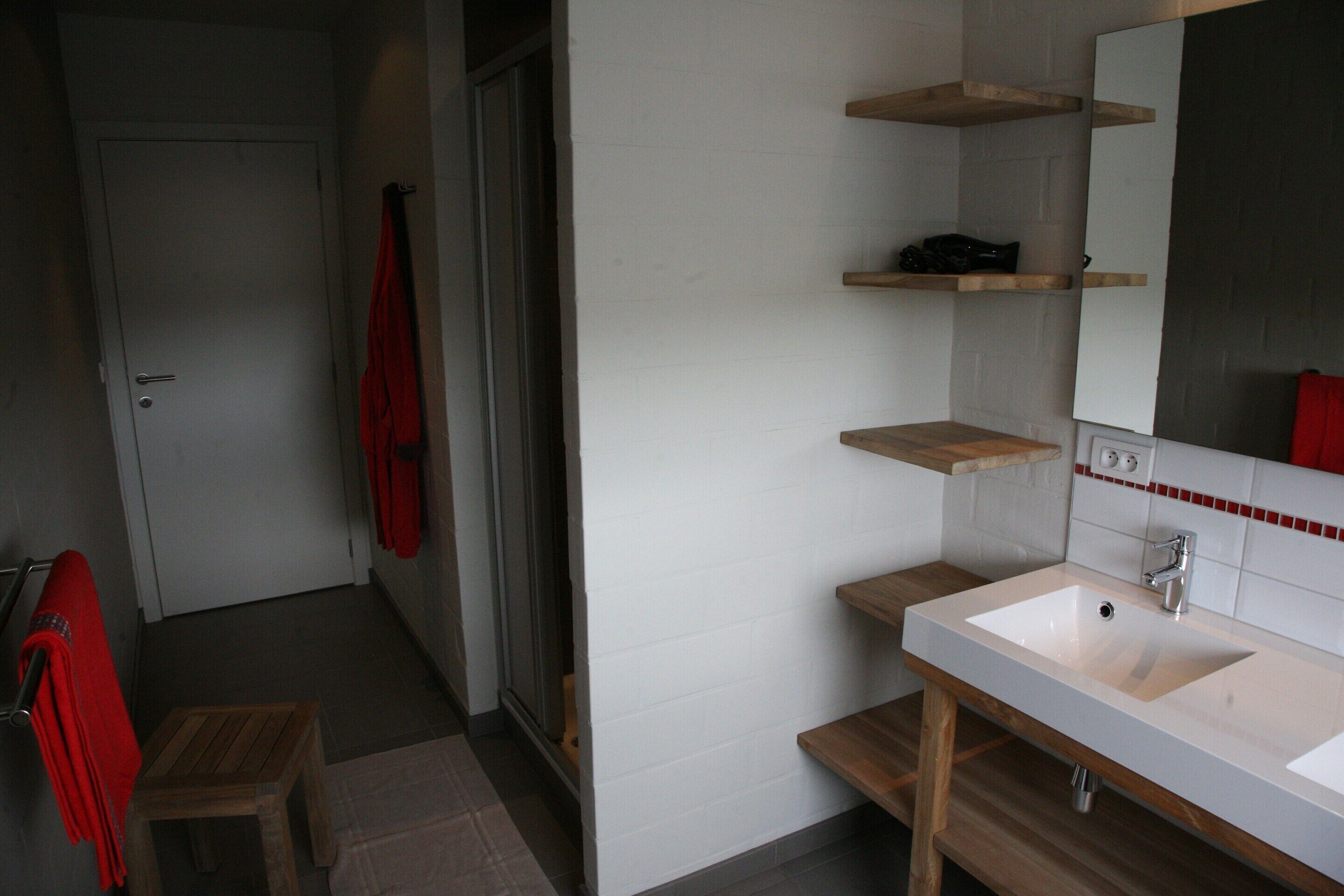 A bathroom with a white sink, wooden shelves, and a red towel.