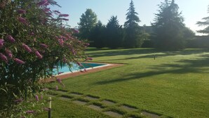 Un área de piscina con cielo azul despejado, rodeada de césped verde y árboles.